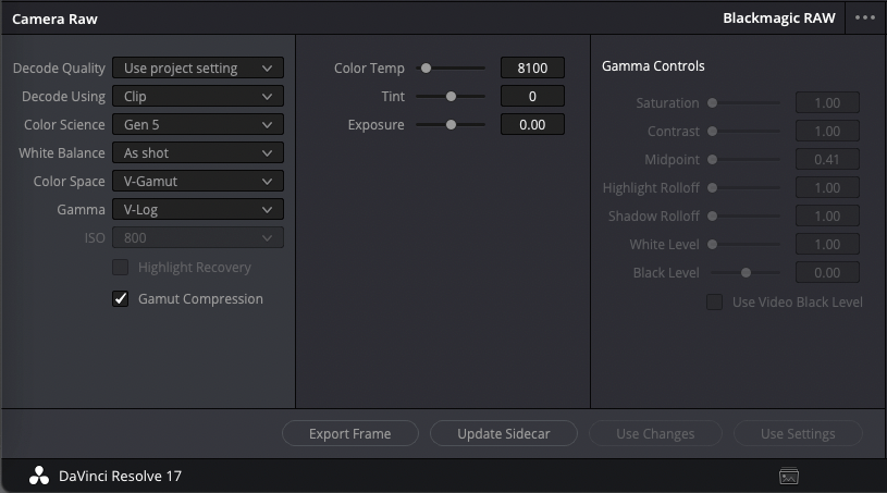 Resolve RAW controls